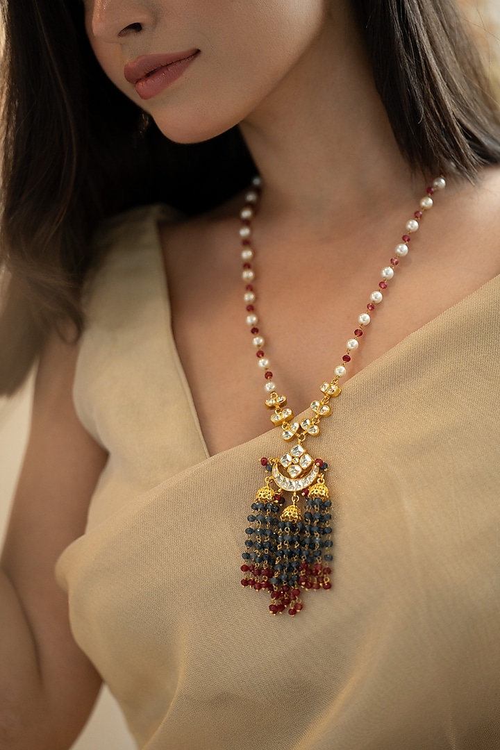 Gold Plated Kundan & Grey Onyx Pendant Necklace by Do Taara at Pernia's Pop Up Shop