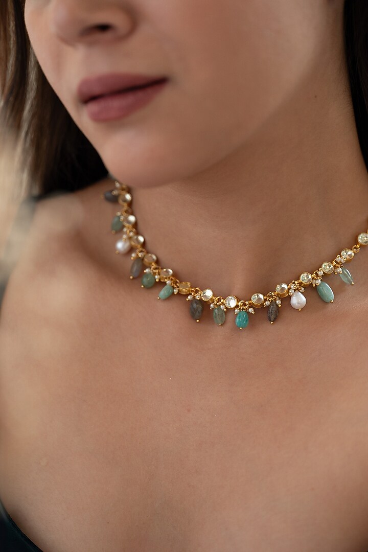 Gold Plated Kundan & Multi-Colored Stone Necklace by Do Taara at Pernia's Pop Up Shop