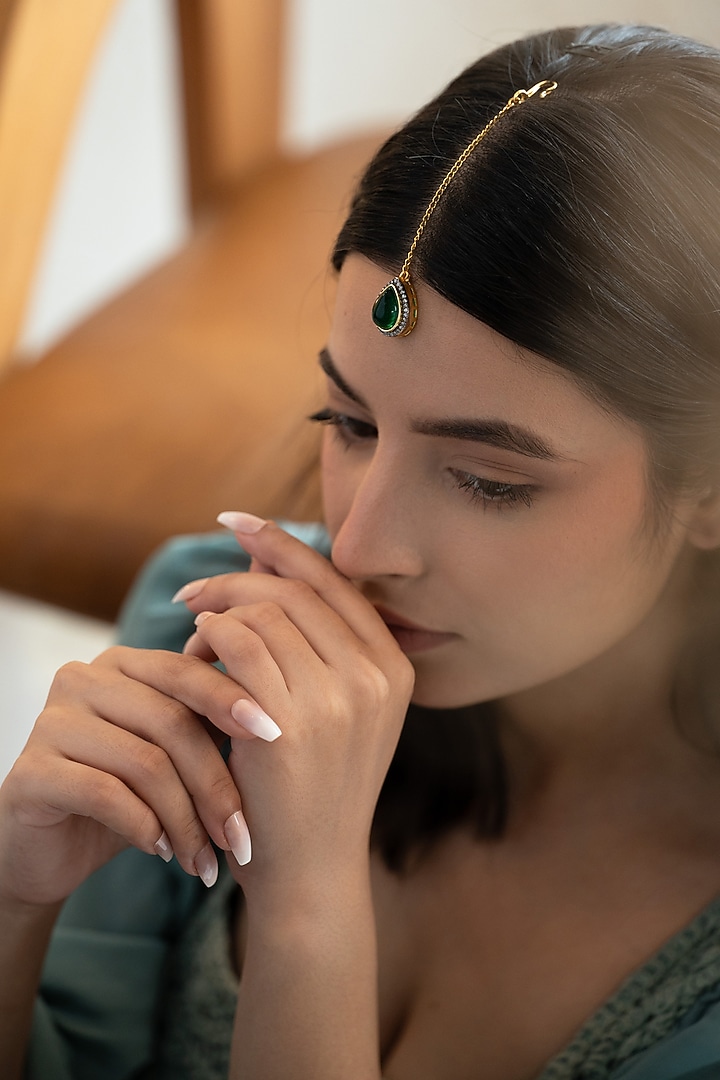 Gold Plated Cubic Zirconia & Green Stone Maangtikka
 by Do Taara at Pernia's Pop Up Shop