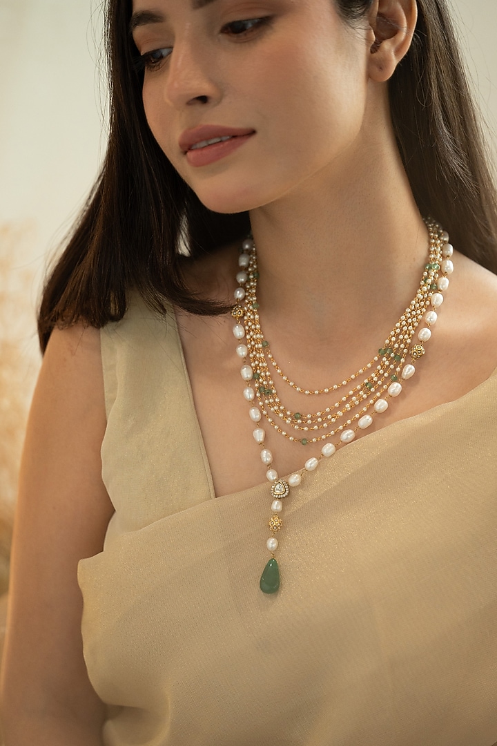 Gold Plated Green Stone & Pearl Necklace by Do Taara at Pernia's Pop Up Shop