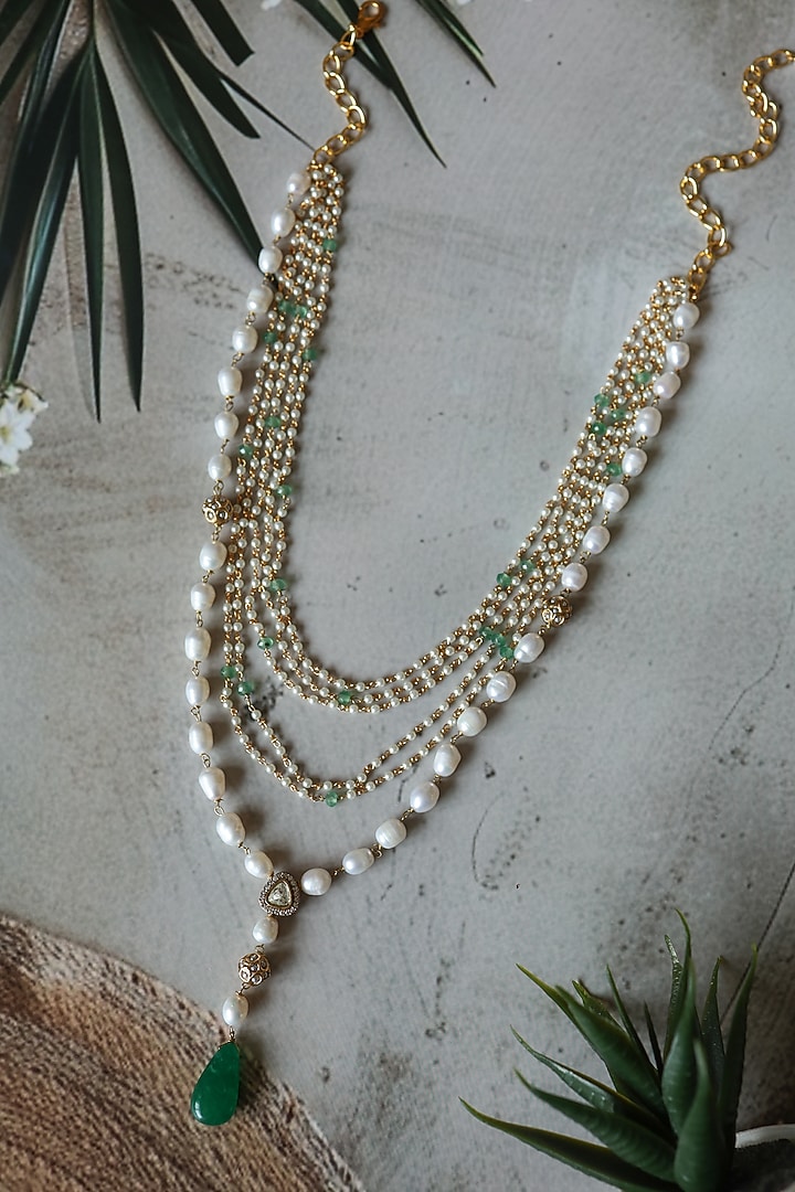 Gold Plated Green Stone & Pearl Necklace by Do Taara at Pernia's Pop Up Shop
