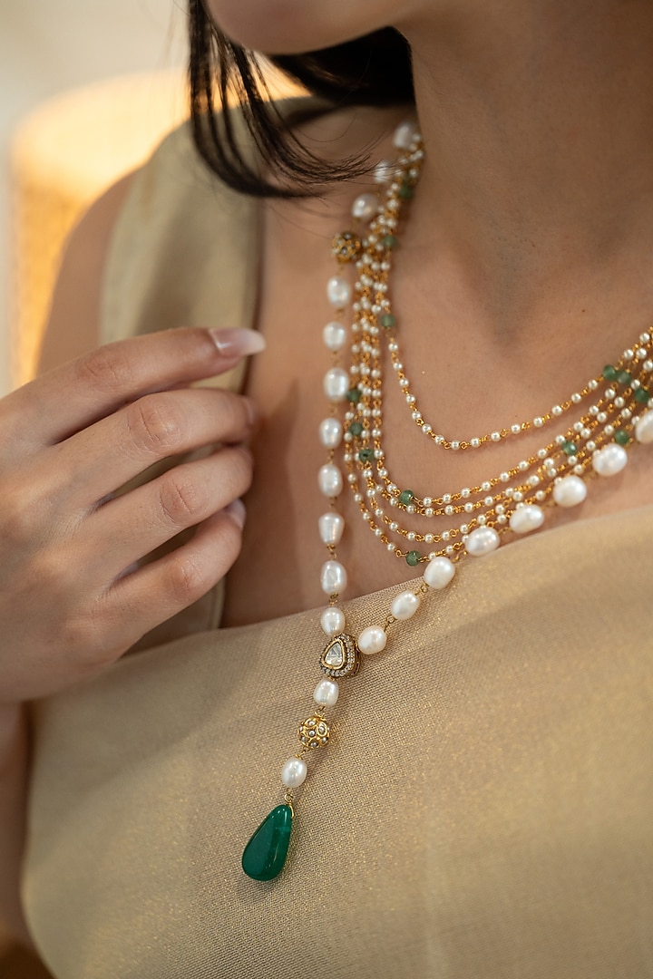 Gold Plated Green Stone & Pearl Necklace by Do Taara at Pernia's Pop Up Shop