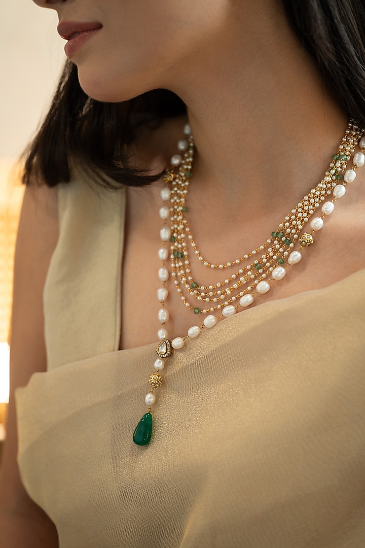 Gold Plated Green Stone & Pearl Necklace by Do Taara at Pernia's Pop Up Shop