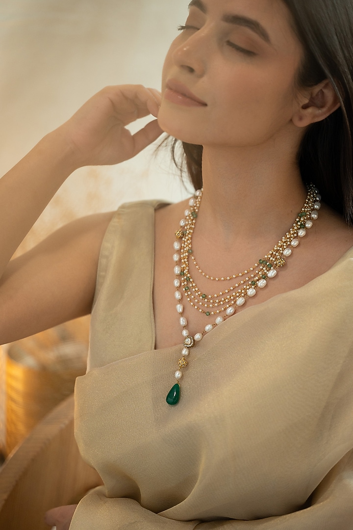 Gold Plated Green Stone & Pearl Necklace by Do Taara at Pernia's Pop Up Shop