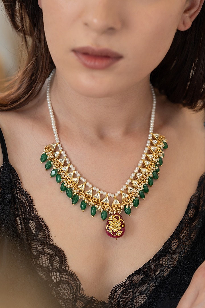 Gold Plated Green & Red Stone Necklace by Do Taara at Pernia's Pop Up Shop