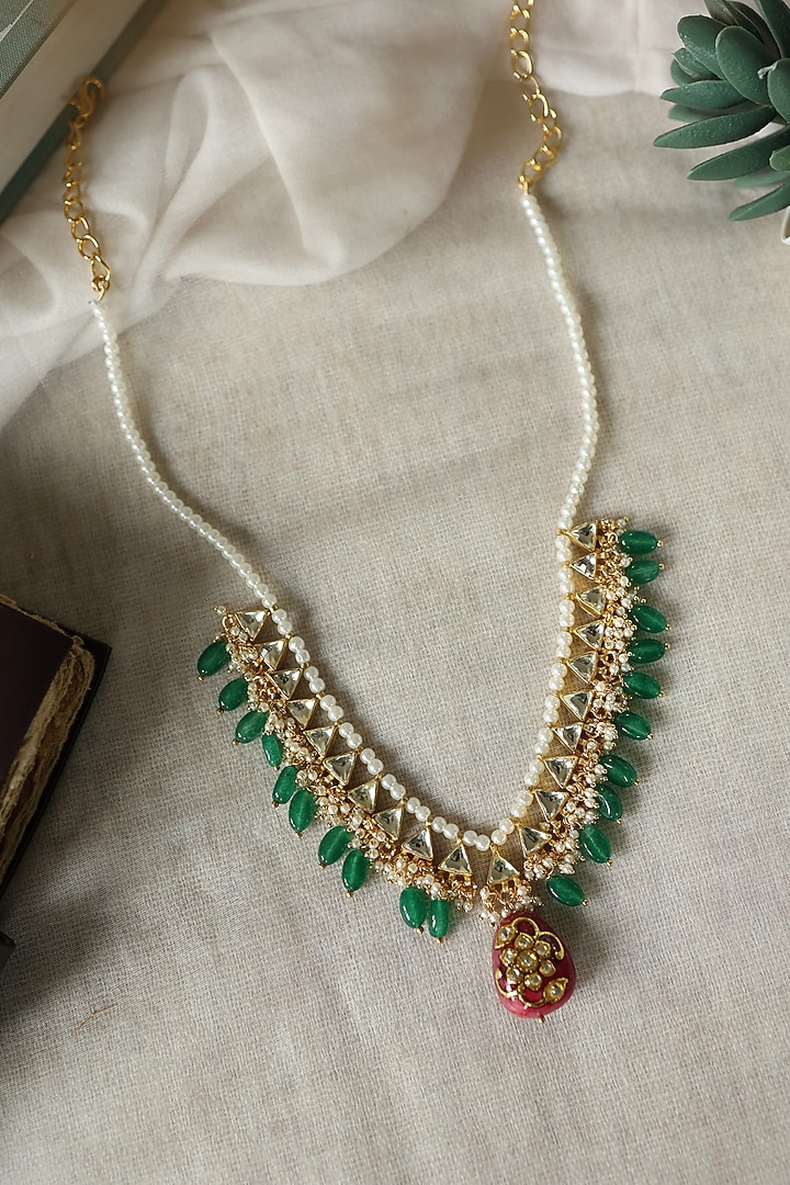 Gold Plated Green & Red Stone Necklace by Do Taara at Pernia's Pop Up Shop