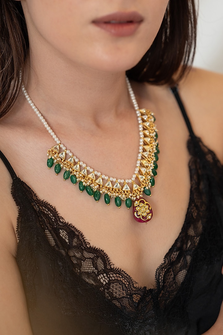 Gold Plated Green & Red Stone Necklace by Do Taara at Pernia's Pop Up Shop