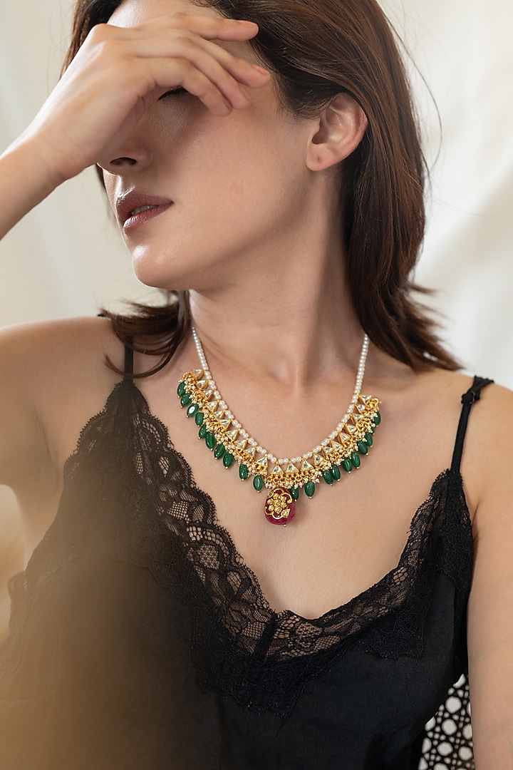 Gold Plated Green & Red Stone Necklace by Do Taara at Pernia's Pop Up Shop