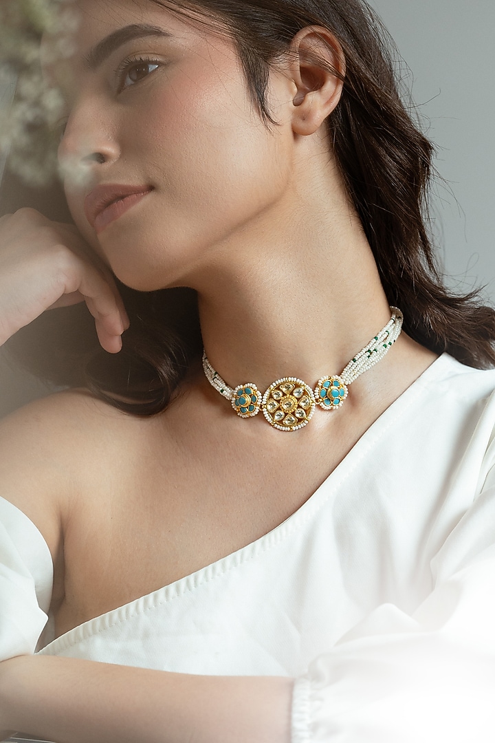 Gold Plated Floral Kundan & Blue Onyx Necklace by Do Taara at Pernia's Pop Up Shop