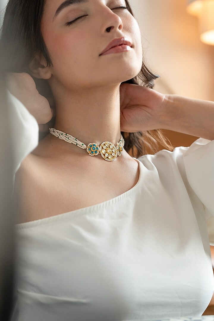 Gold Plated Floral Kundan & Blue Onyx Necklace by Do Taara at Pernia's Pop Up Shop