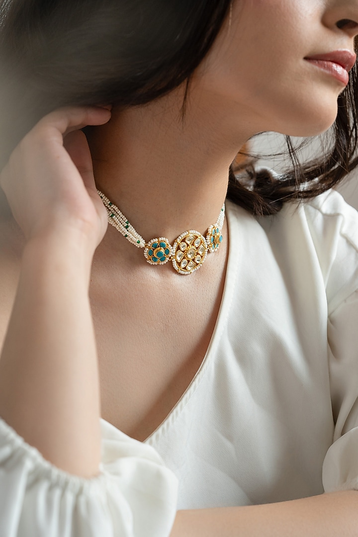 Gold Plated Floral Kundan & Blue Onyx Necklace by Do Taara at Pernia's Pop Up Shop