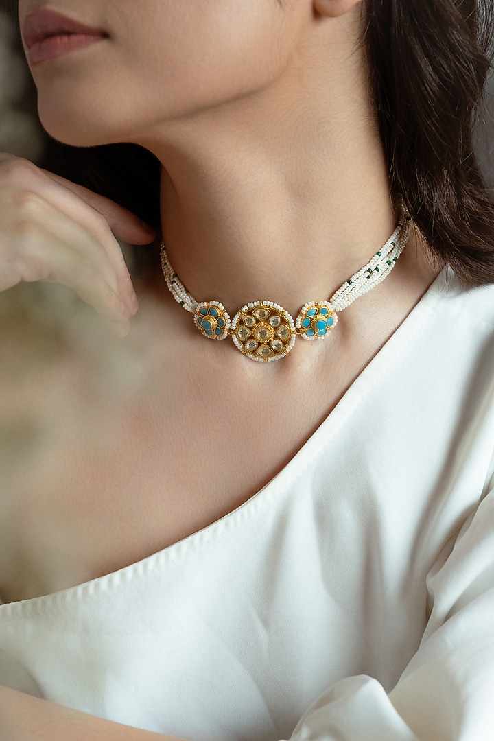Gold Plated Floral Kundan & Blue Onyx Necklace by Do Taara at Pernia's Pop Up Shop