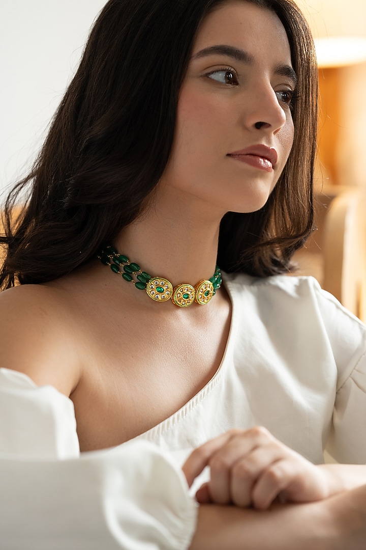 Gold Plated Kundan & Jade Stone Necklace by Do Taara at Pernia's Pop Up Shop