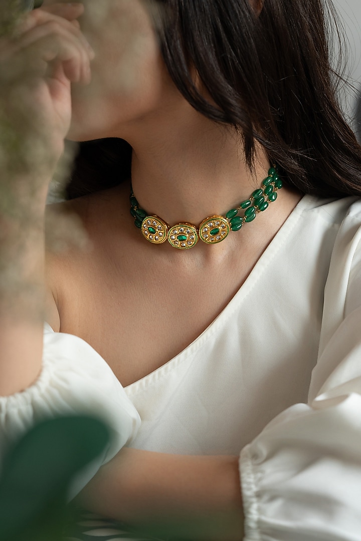 Gold Plated Kundan & Jade Stone Necklace by Do Taara at Pernia's Pop Up Shop