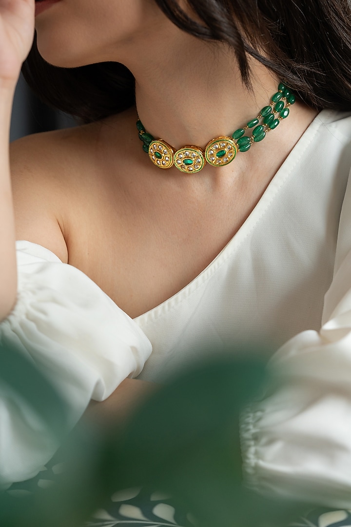 Gold Plated Kundan & Jade Stone Necklace by Do Taara at Pernia's Pop Up Shop