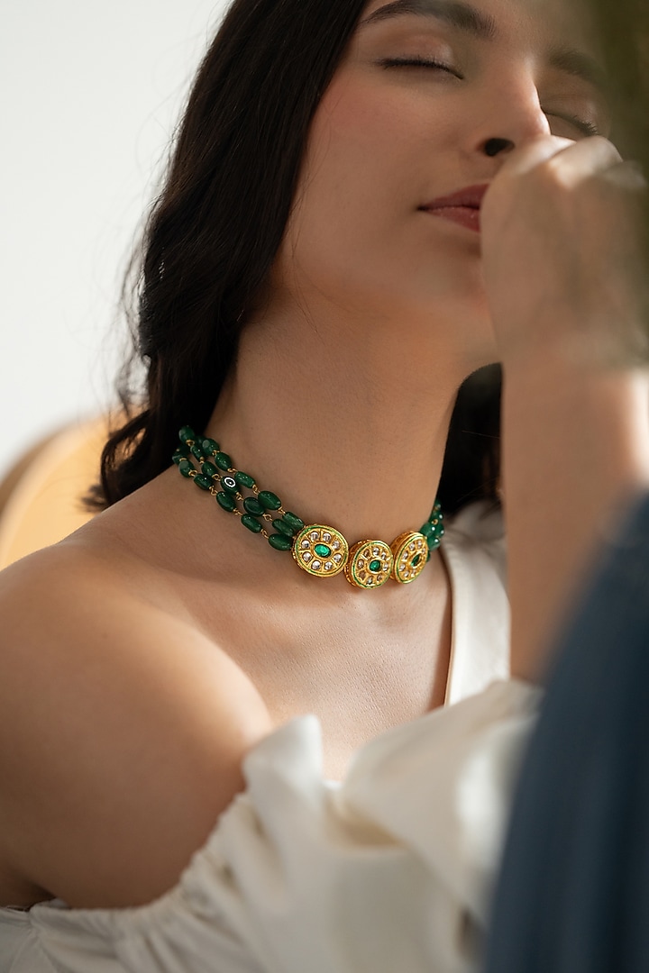 Gold Plated Kundan & Jade Stone Necklace by Do Taara at Pernia's Pop Up Shop