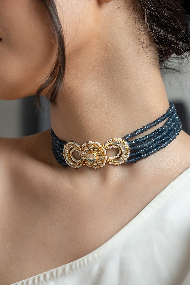 Gold Plated Floral Kundan & Green Stone Choker Necklace by Do Taara at Pernia's Pop Up Shop