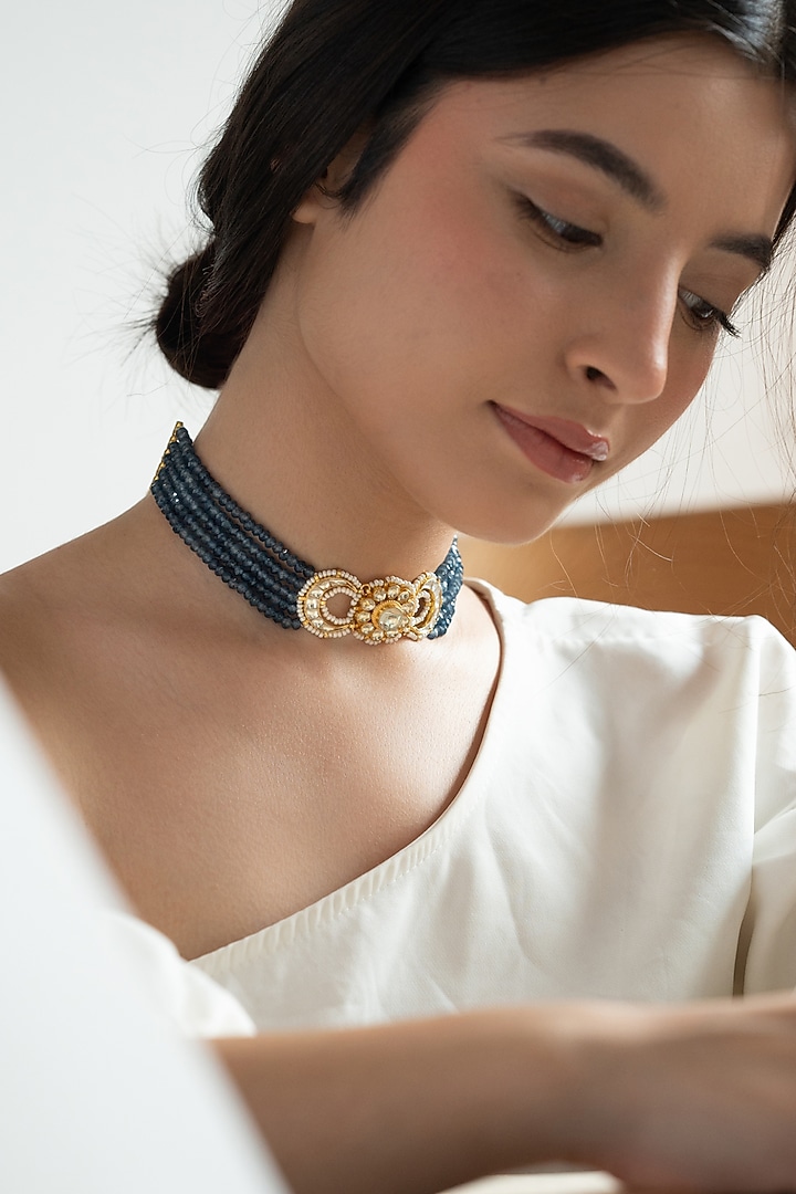 Gold Plated Floral Kundan & Green Stone Choker Necklace by Do Taara at Pernia's Pop Up Shop
