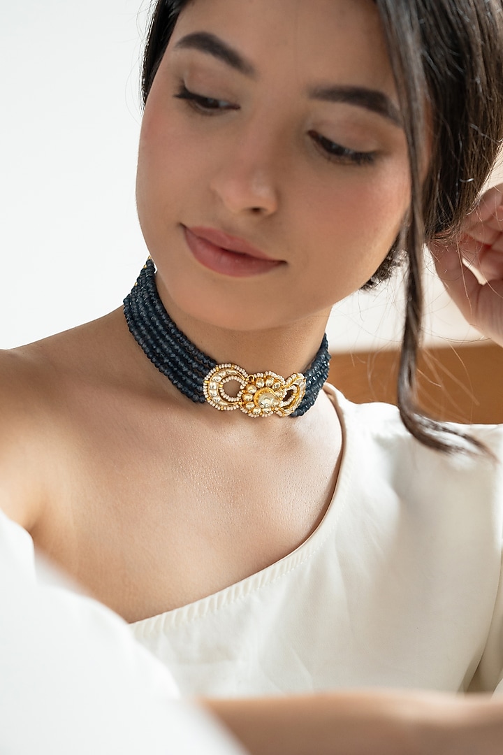 Gold Plated Floral Kundan & Green Stone Choker Necklace by Do Taara at Pernia's Pop Up Shop