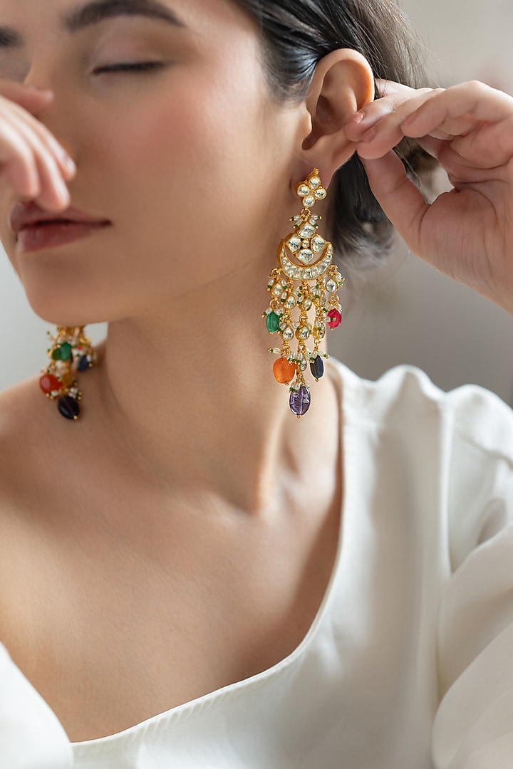 Gold Plated Floral Kundan & Multi-Colored Stone Dangler Earrings by Do Taara at Pernia's Pop Up Shop