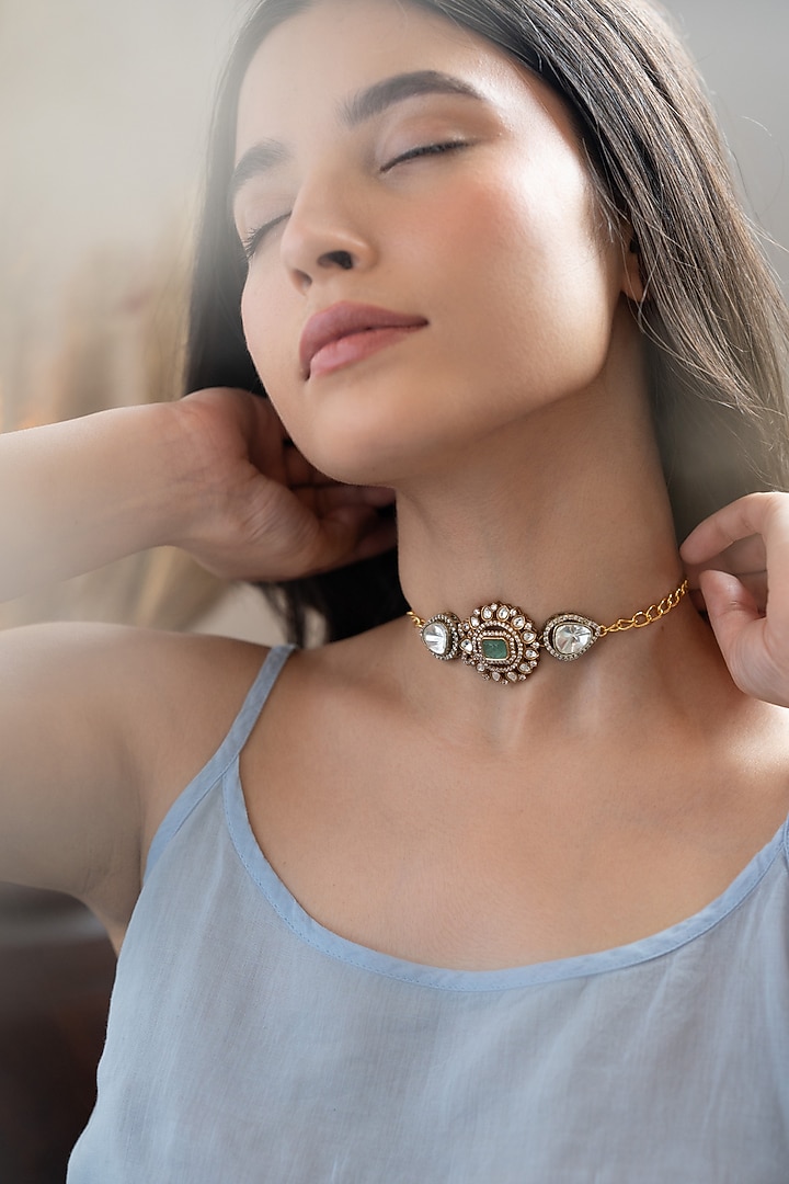 Gold Plated Mint Polki & Cubic Zirconia Necklace by Do Taara at Pernia's Pop Up Shop