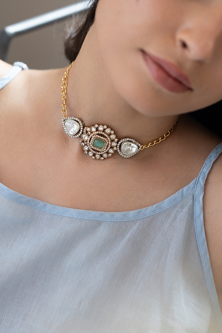 Gold Plated Mint Polki & Cubic Zirconia Necklace by Do Taara at Pernia's Pop Up Shop