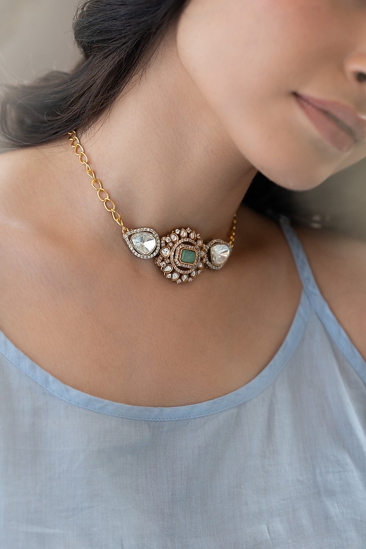 Gold Plated Mint Polki & Cubic Zirconia Necklace by Do Taara at Pernia's Pop Up Shop