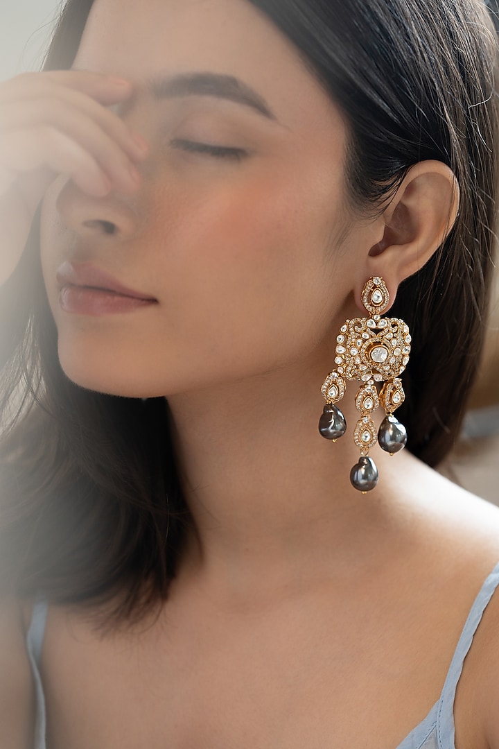 Gold Plated Polki & Cubic Zirconia Dangler Earrings by Do Taara at Pernia's Pop Up Shop