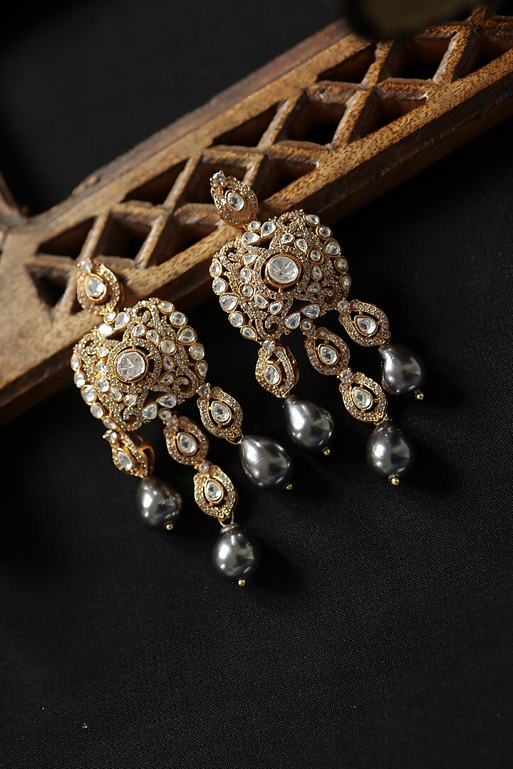Gold Plated Polki & Cubic Zirconia Dangler Earrings by Do Taara at Pernia's Pop Up Shop