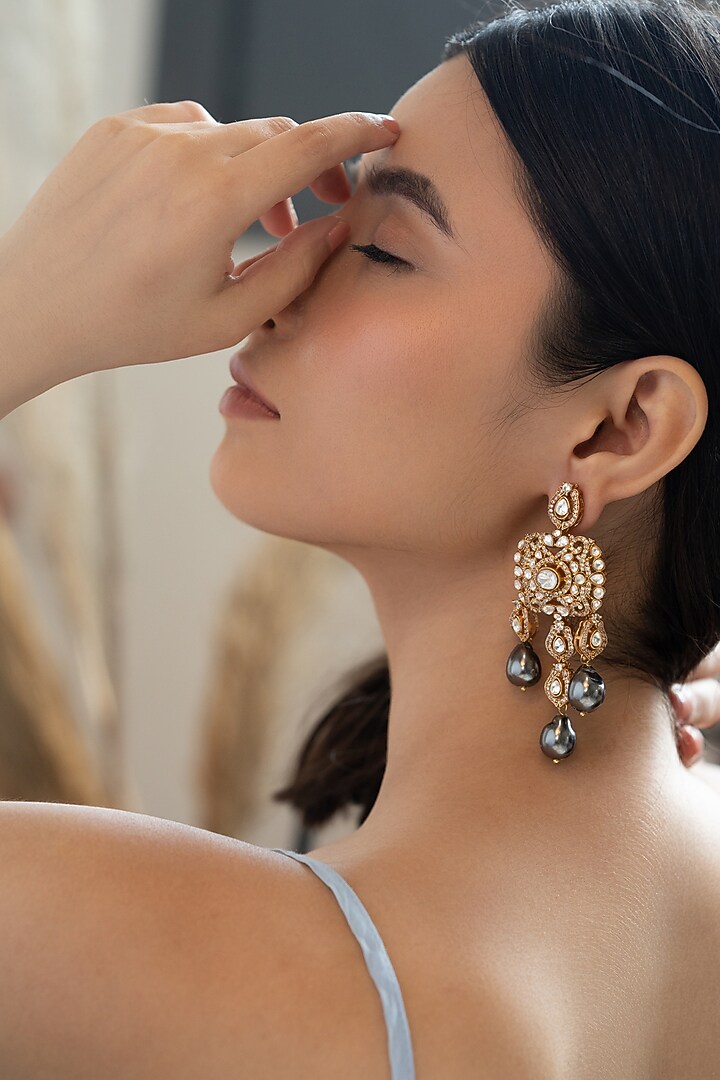 Gold Plated Polki & Cubic Zirconia Dangler Earrings by Do Taara at Pernia's Pop Up Shop