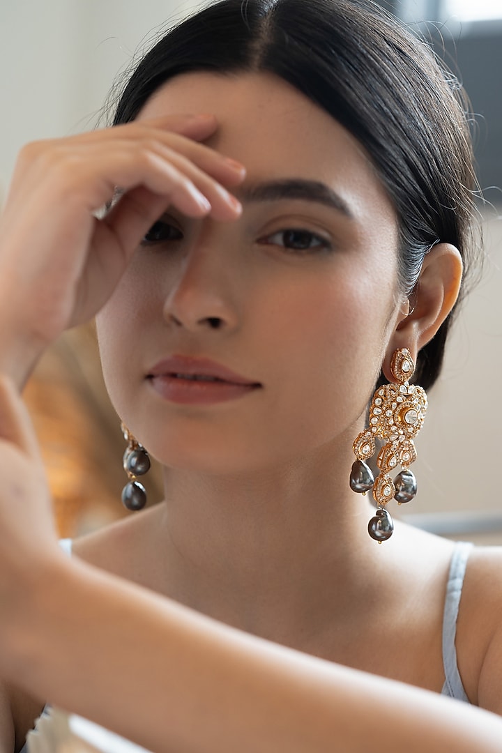 Gold Plated Polki & Cubic Zirconia Dangler Earrings by Do Taara at Pernia's Pop Up Shop