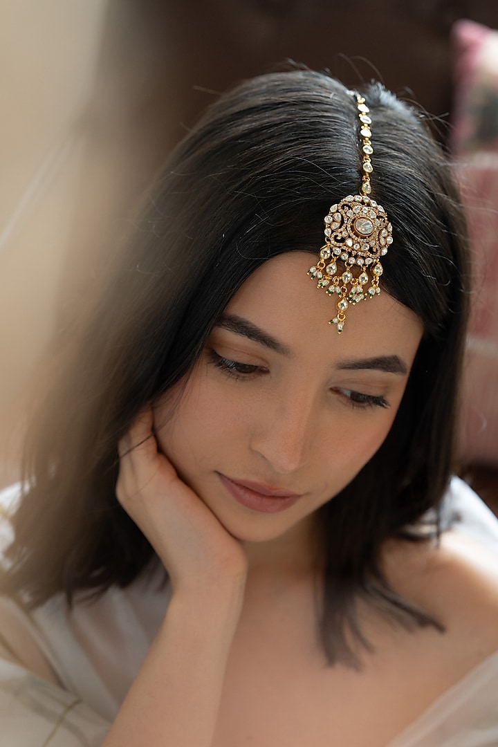 Gold Plated Kundan Polki & Pearl Maangtikka by Do Taara at Pernia's Pop Up Shop
