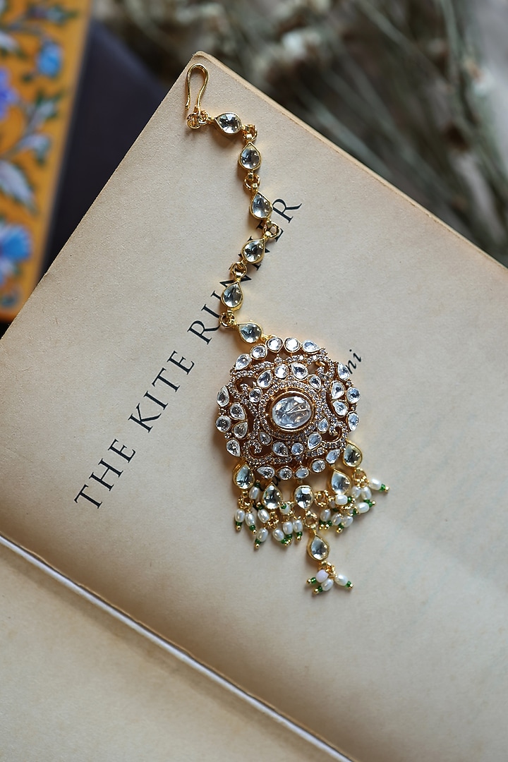 Gold Plated Kundan Polki & Pearl Maangtikka by Do Taara at Pernia's Pop Up Shop