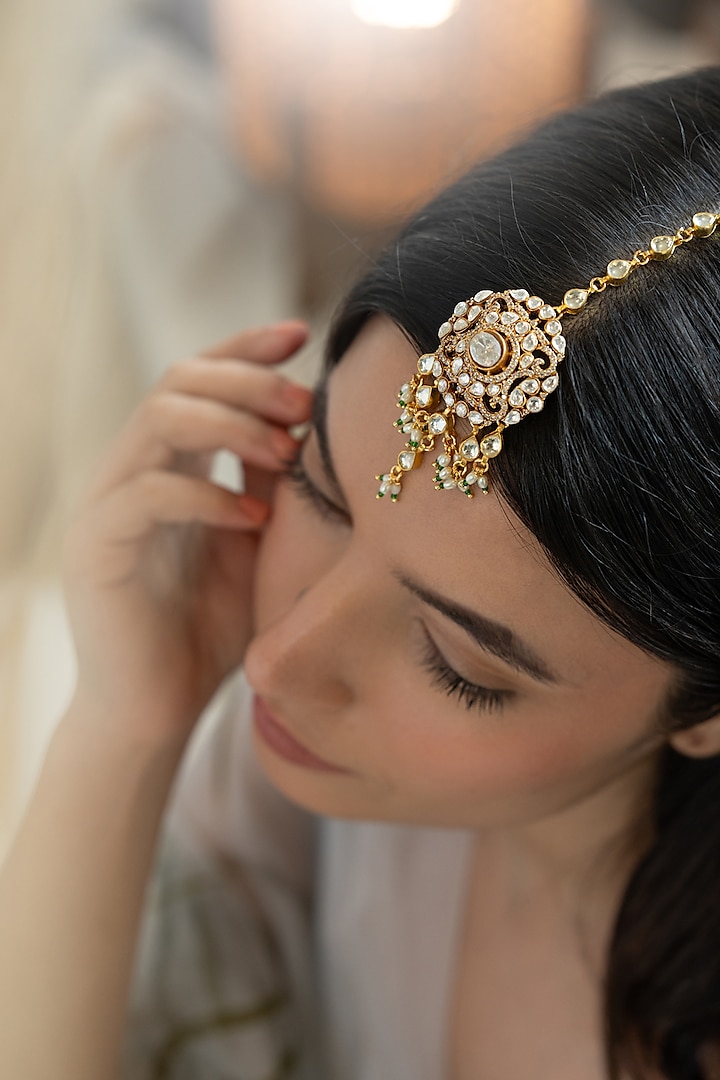Gold Plated Kundan Polki & Pearl Maangtikka by Do Taara at Pernia's Pop Up Shop