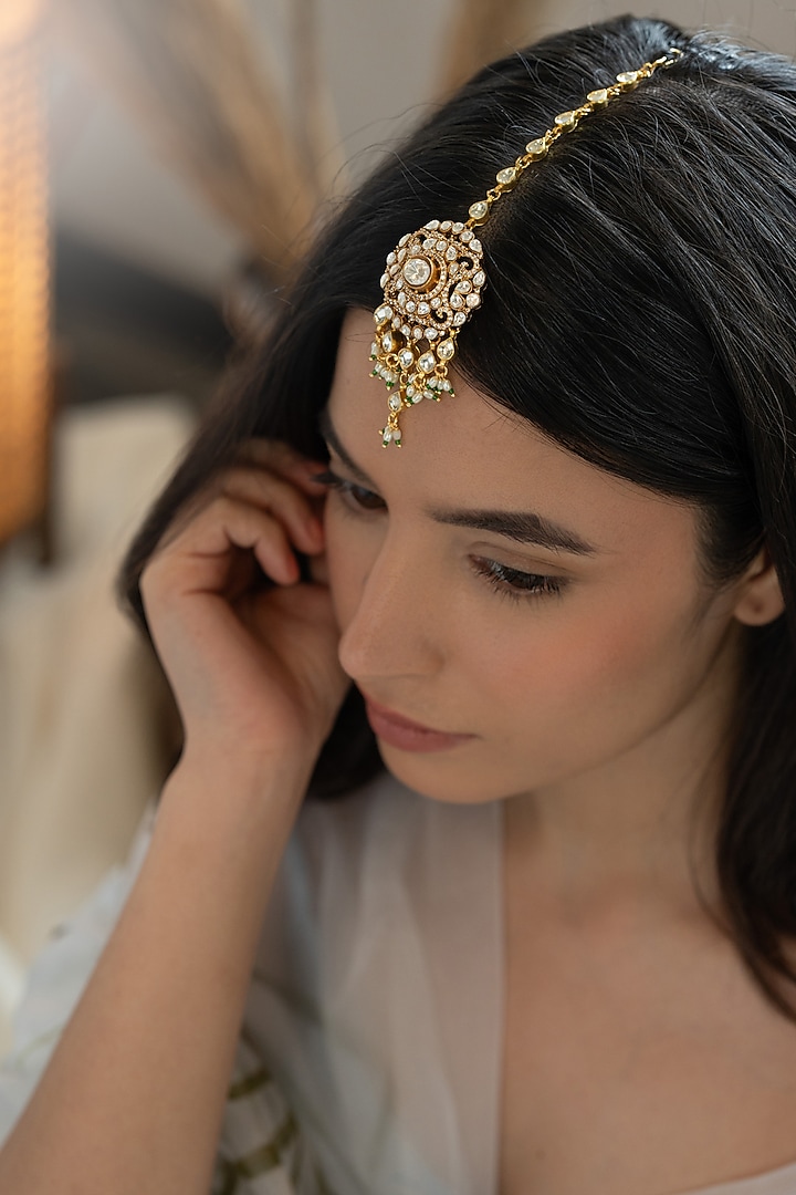 Gold Plated Kundan Polki & Pearl Maangtikka by Do Taara at Pernia's Pop Up Shop