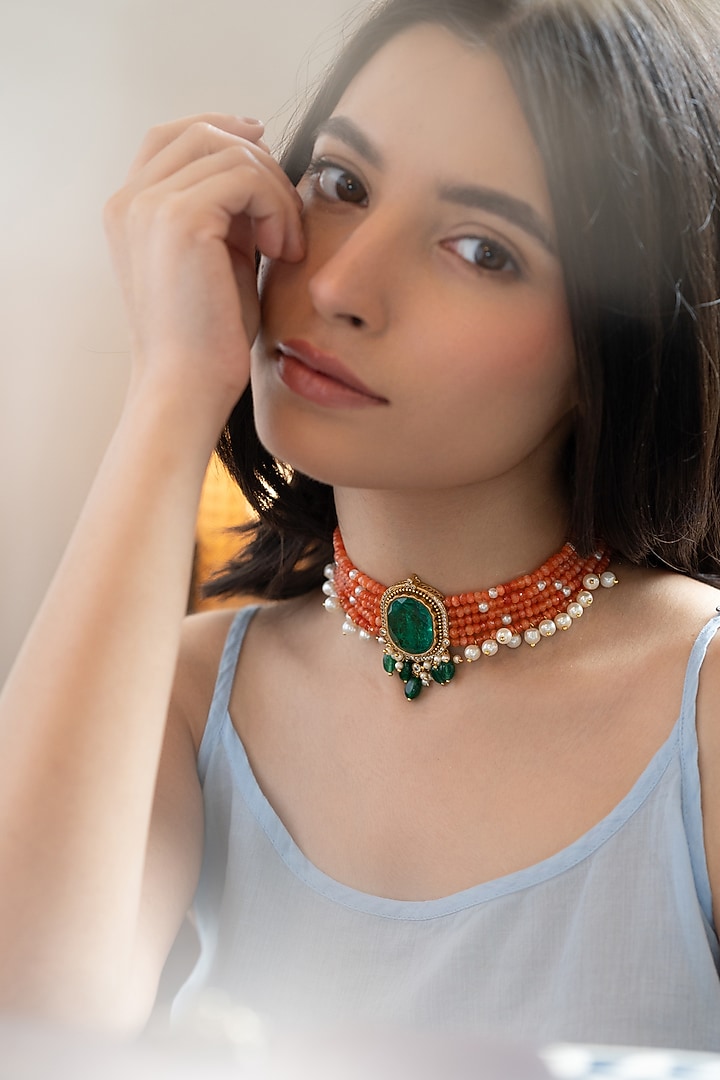 Gold Plated Pearl & Orange Onyx Beaded Choker Necklace by Do Taara at Pernia's Pop Up Shop