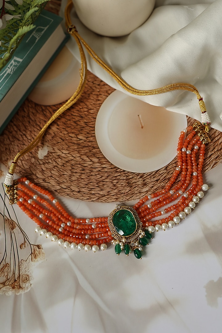Gold Plated Pearl & Orange Onyx Beaded Choker Necklace by Do Taara at Pernia's Pop Up Shop