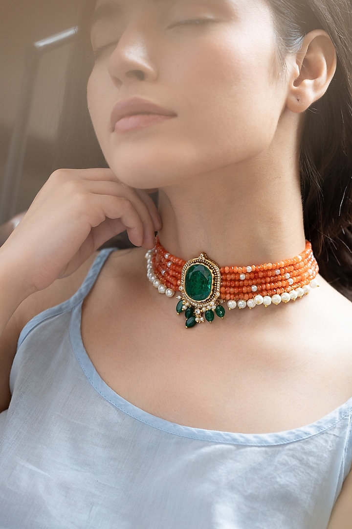 Gold Plated Pearl & Orange Onyx Beaded Choker Necklace by Do Taara at Pernia's Pop Up Shop