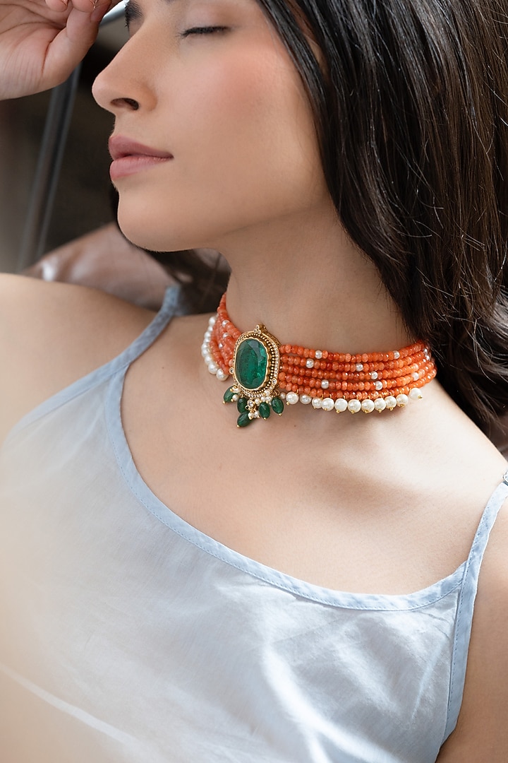 Gold Plated Pearl & Orange Onyx Beaded Choker Necklace by Do Taara at Pernia's Pop Up Shop