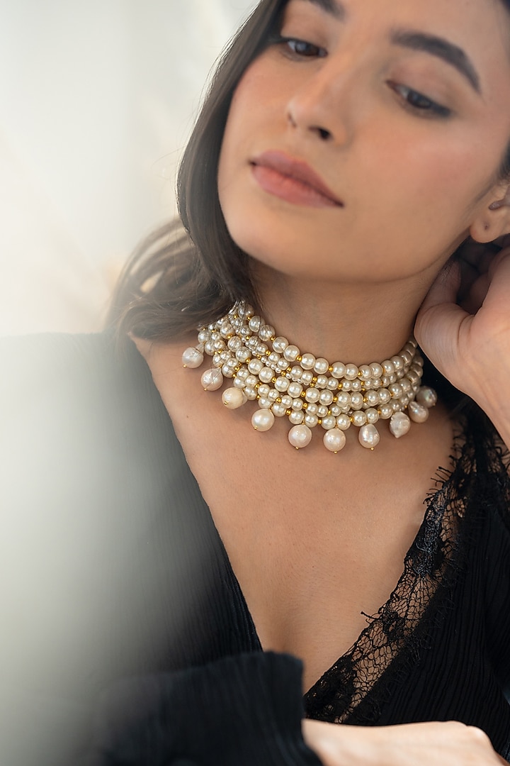 Gold Plated Pearl & Gold Beaded Necklace by Do Taara at Pernia's Pop Up Shop