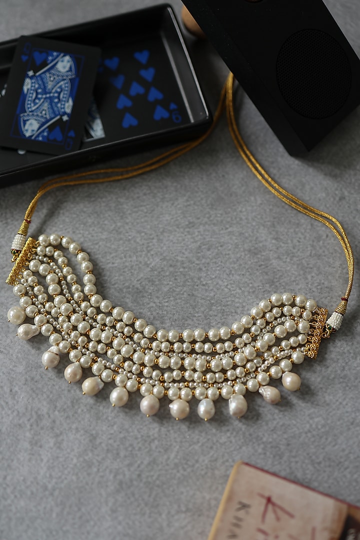 Gold Plated Pearl & Gold Beaded Necklace by Do Taara at Pernia's Pop Up Shop