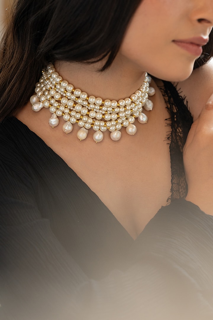 Gold Plated Pearl & Gold Beaded Necklace by Do Taara at Pernia's Pop Up Shop