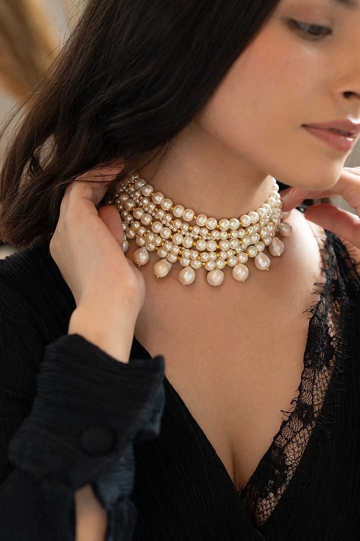 Gold Plated Pearl & Gold Beaded Necklace by Do Taara at Pernia's Pop Up Shop