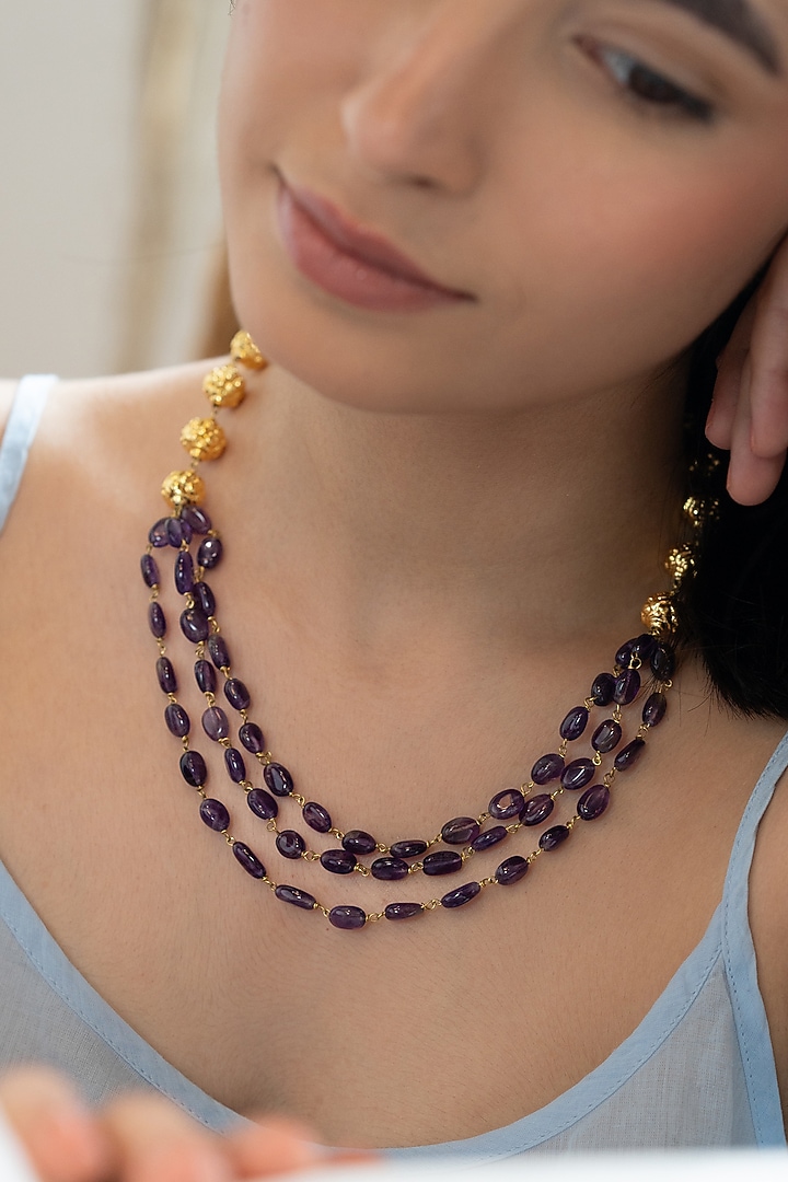 Gold Plated Purple Amethyst Stone Necklace by Do Taara at Pernia's Pop Up Shop