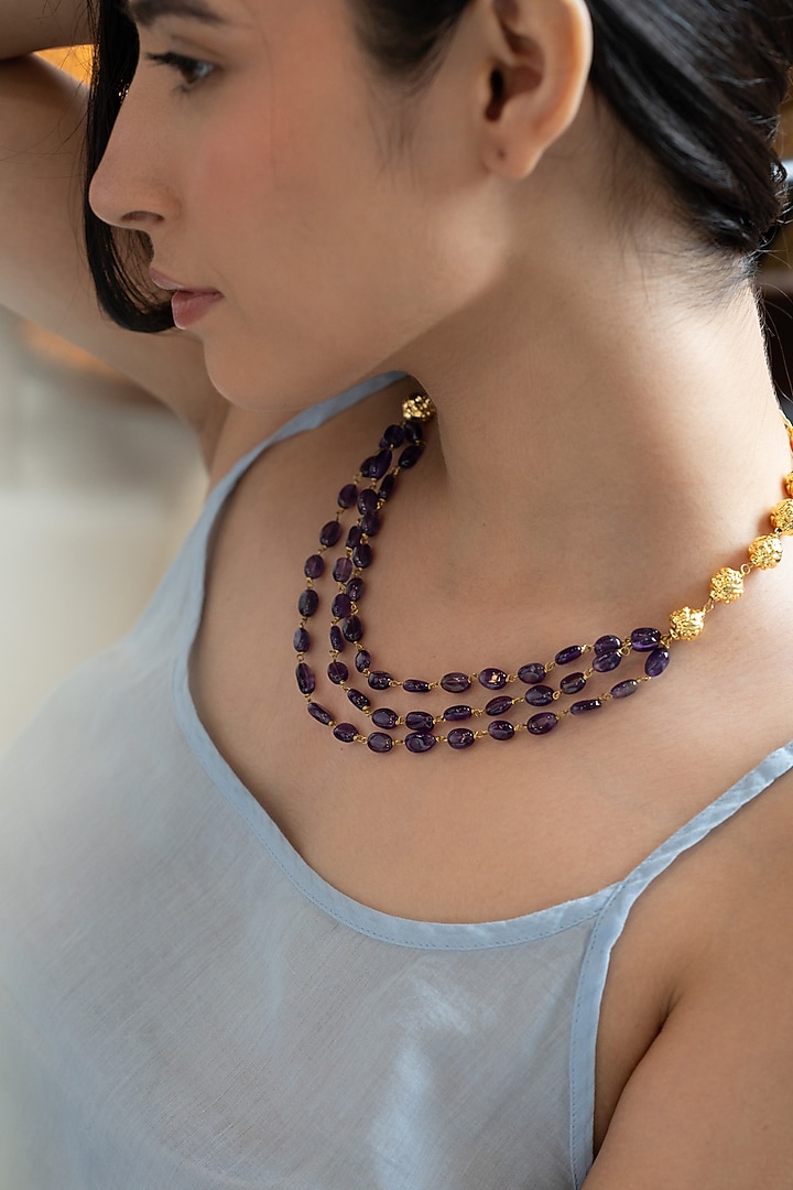Gold Plated Purple Amethyst Stone Necklace by Do Taara at Pernia's Pop Up Shop