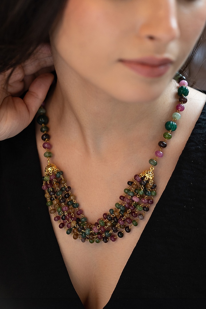 Gold Plated Multi-Colored Tourmaline Stone Layered Necklace by Do Taara at Pernia's Pop Up Shop