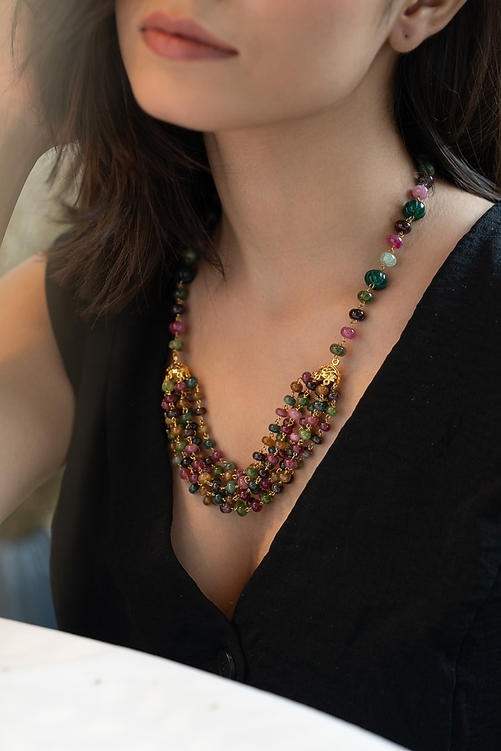 Gold Plated Multi-Colored Tourmaline Stone Layered Necklace by Do Taara at Pernia's Pop Up Shop