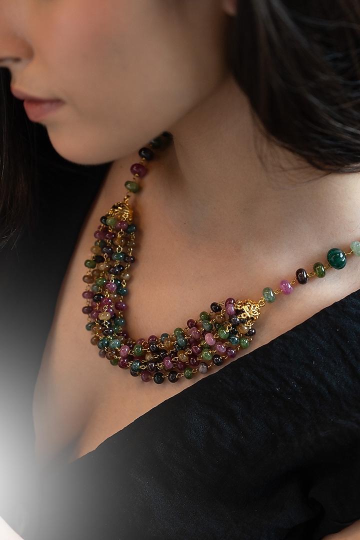 Gold Plated Multi-Colored Tourmaline Stone Layered Necklace by Do Taara at Pernia's Pop Up Shop