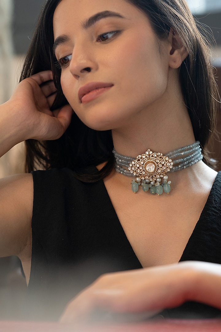 Gold Plated Pearl & Blue Onyx Necklace by Do Taara at Pernia's Pop Up Shop