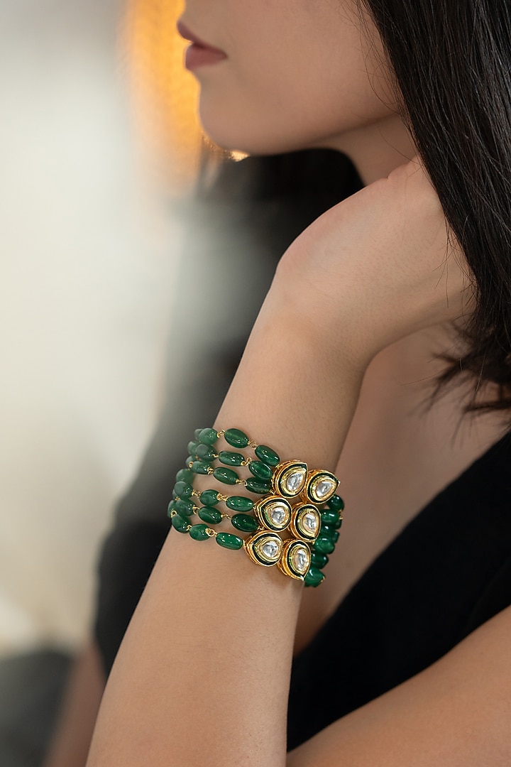 Gold Plated Kundan & Jade Stone Adjustable Bracelet by Do Taara at Pernia's Pop Up Shop